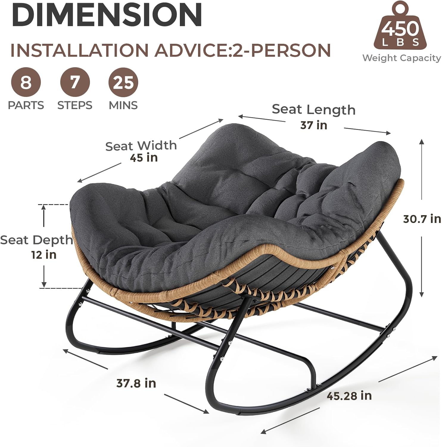 SWITTE Papasan Rocking Chair Outdoor, Oversized Patio Egg Chair with Thick Cushion, Indoor Wicker Lounge Rocker Bed for Balcony, Porch, Garden, Dark Gray