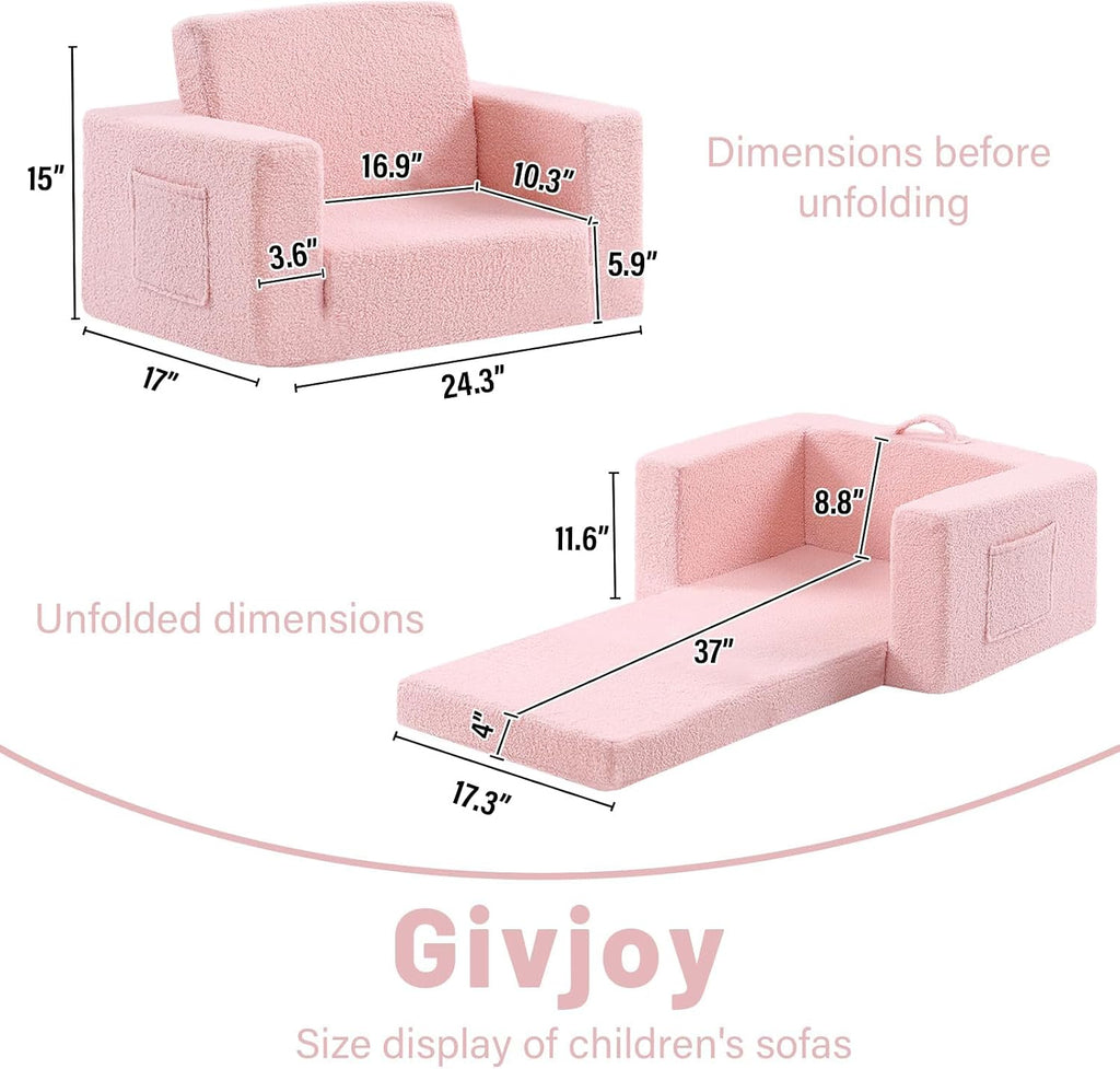 Toddler Chair Sherpa Kids Couch, 2-in-1 Soft Kids Armchair Lounger for Bedroom, Convertible Sofa for Girls and Boys, Child Reading Chair for Playroom, Living Room, Pet, Pink