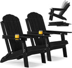 YEFU Adirondack Chairs Set of 2 for Outdoor: Folding Plastic Adirondack Chair with Cup Holder & Adjustable Back for Adult - All-Weather HDPE Weather Resistant for Patio Lawn - Easy Assembly(Black)