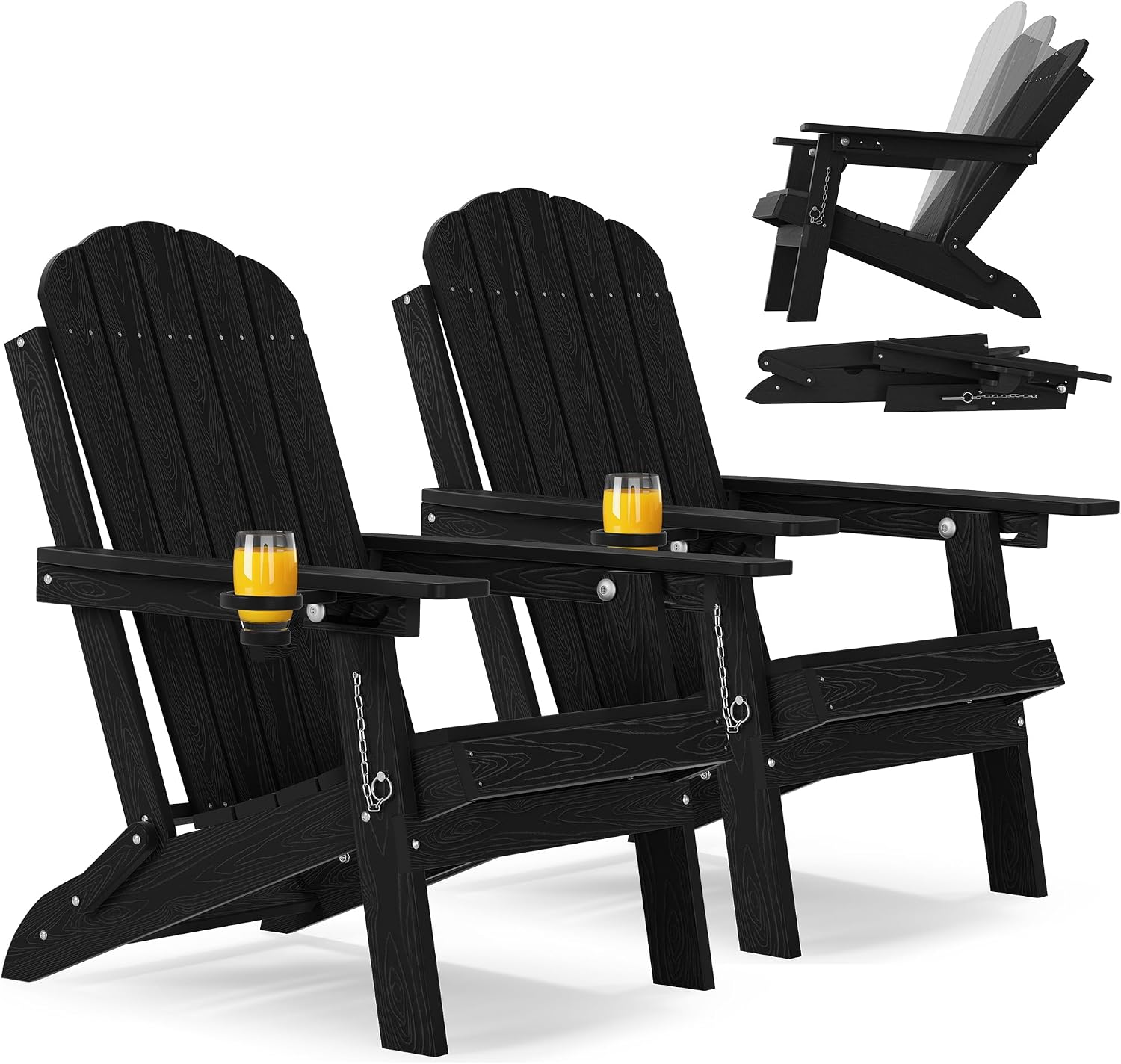 YEFU Adirondack Chairs Set of 2 for Outdoor: Folding Plastic Adirondack Chair with Cup Holder & Adjustable Back for Adult - All-Weather HDPE Weather Resistant for Patio Lawn - Easy Assembly(Black)