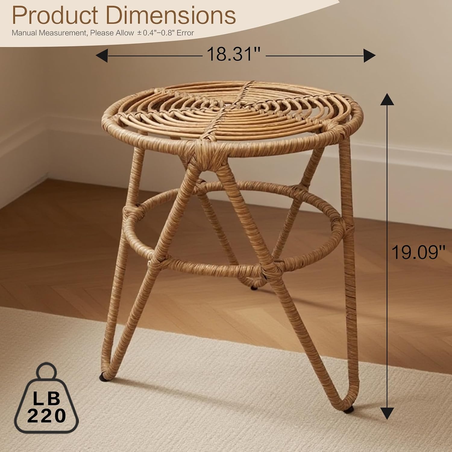 Round Coffee Table Set of 2, Natural Rattan Side Table Boho, Small Mid Century Modern Rattan End Tables for Living Room Bedroom Office Yard Garden Backyard Porch Poolside Balcony Lawn Bistro