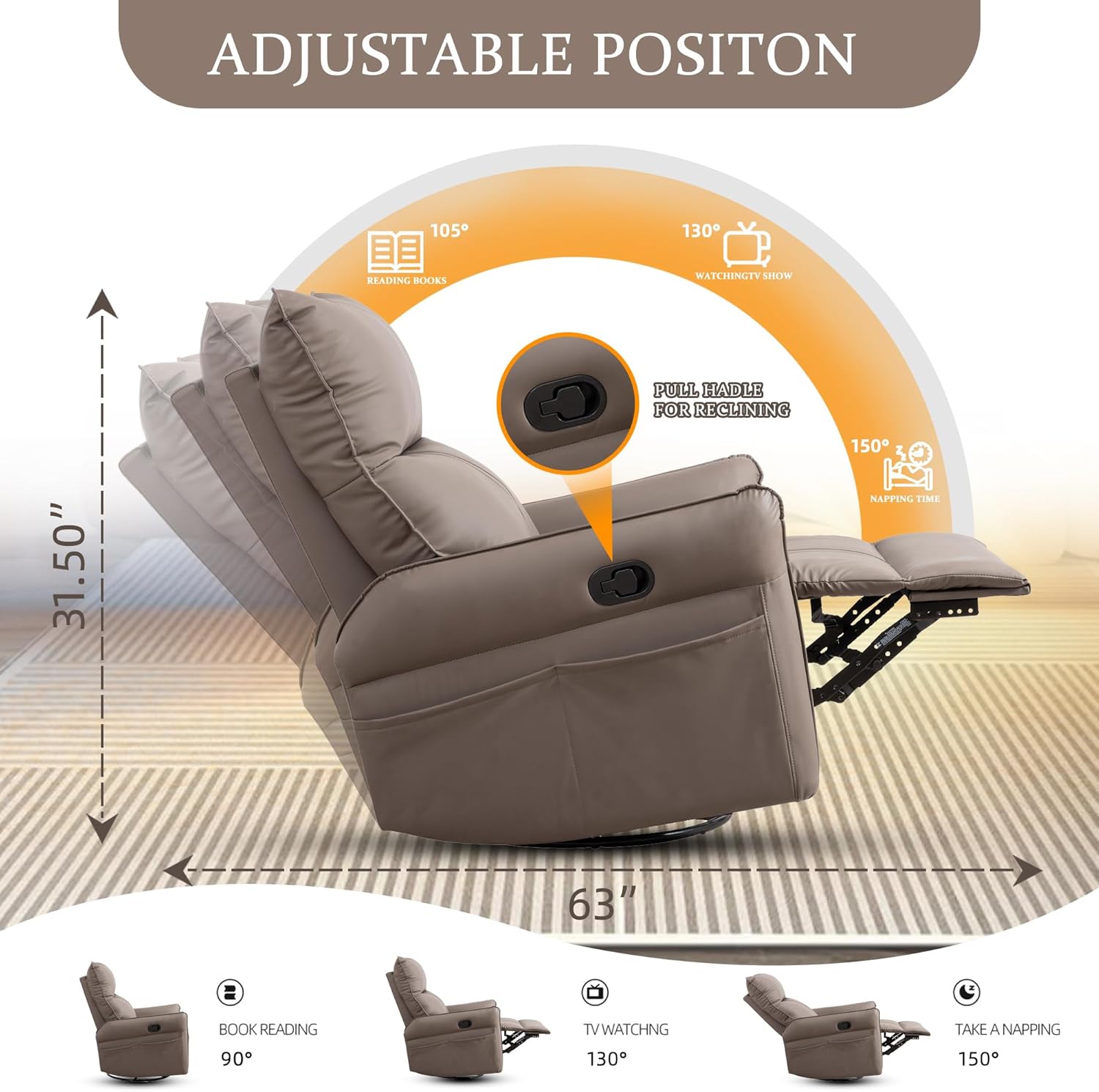 Swivel Rocker Recliner Chair, Upholstered 360° Fabric Leather Glider Rocker Chair for Nursery, Manual Small Recliners for Small Spaces Living Room Weight Capacity 300lbs