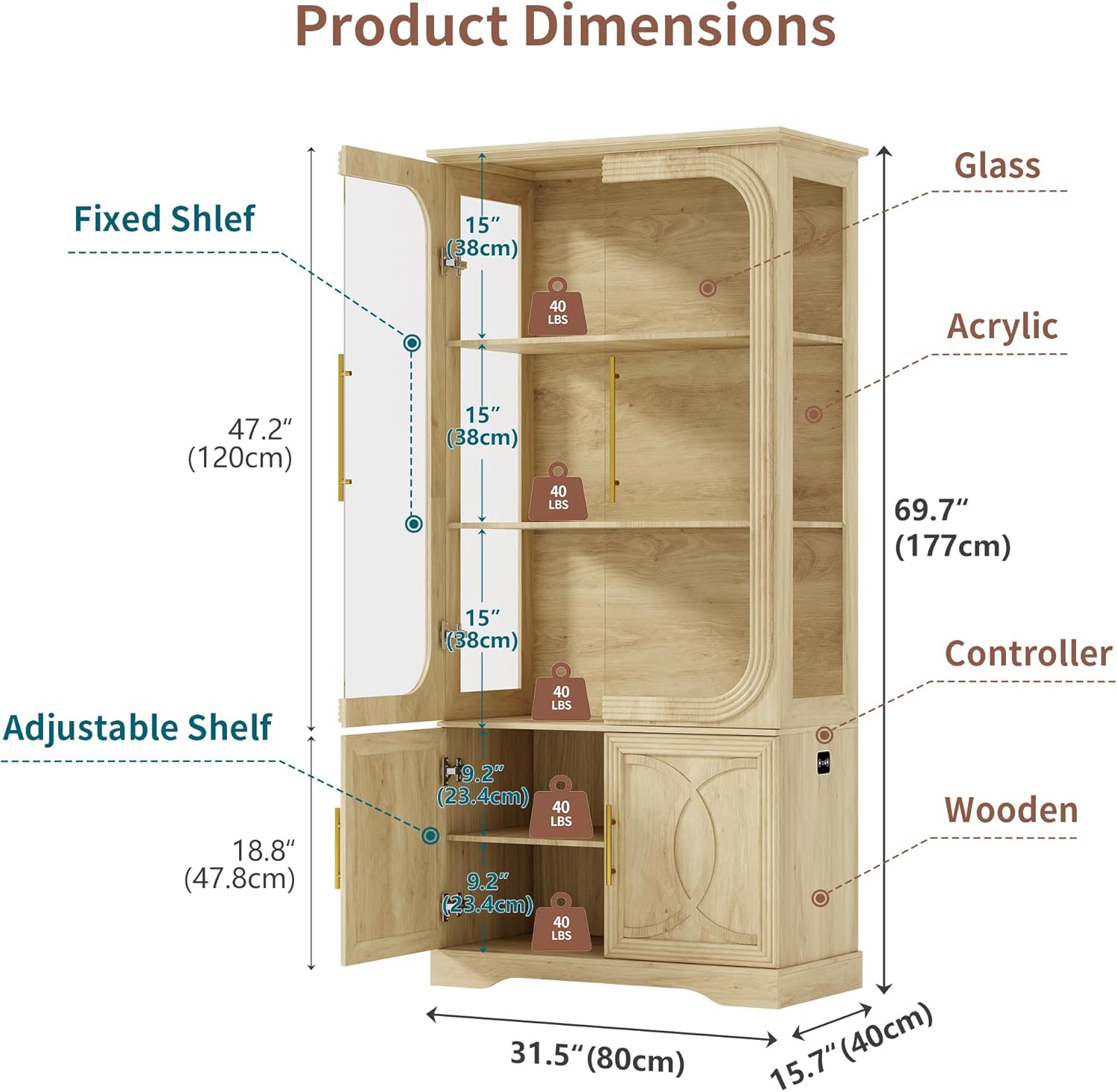 69" Tall Display Cabinet with Glass Doors, Curio Cabinet with 3 LED Lights and Human Body Sensor, Glass Display Case with Storage Cabinet for Living Room, Oak
