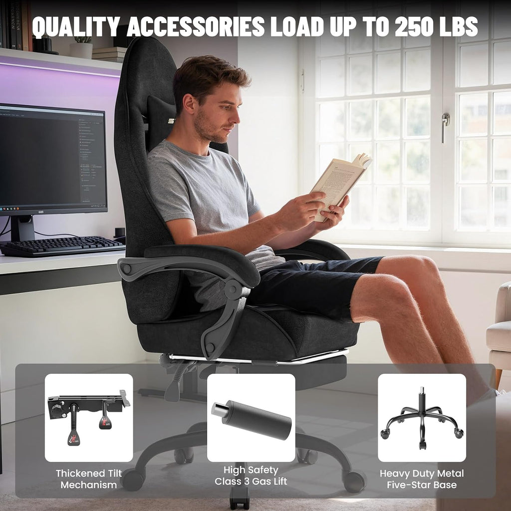 Ferghana Ergonomic Velvet Fabric Gaming Chair with Massage & Footrest, High Back Reclining Racing Computer Chair for Adults, Home Office Gaming Desk Chair, Black