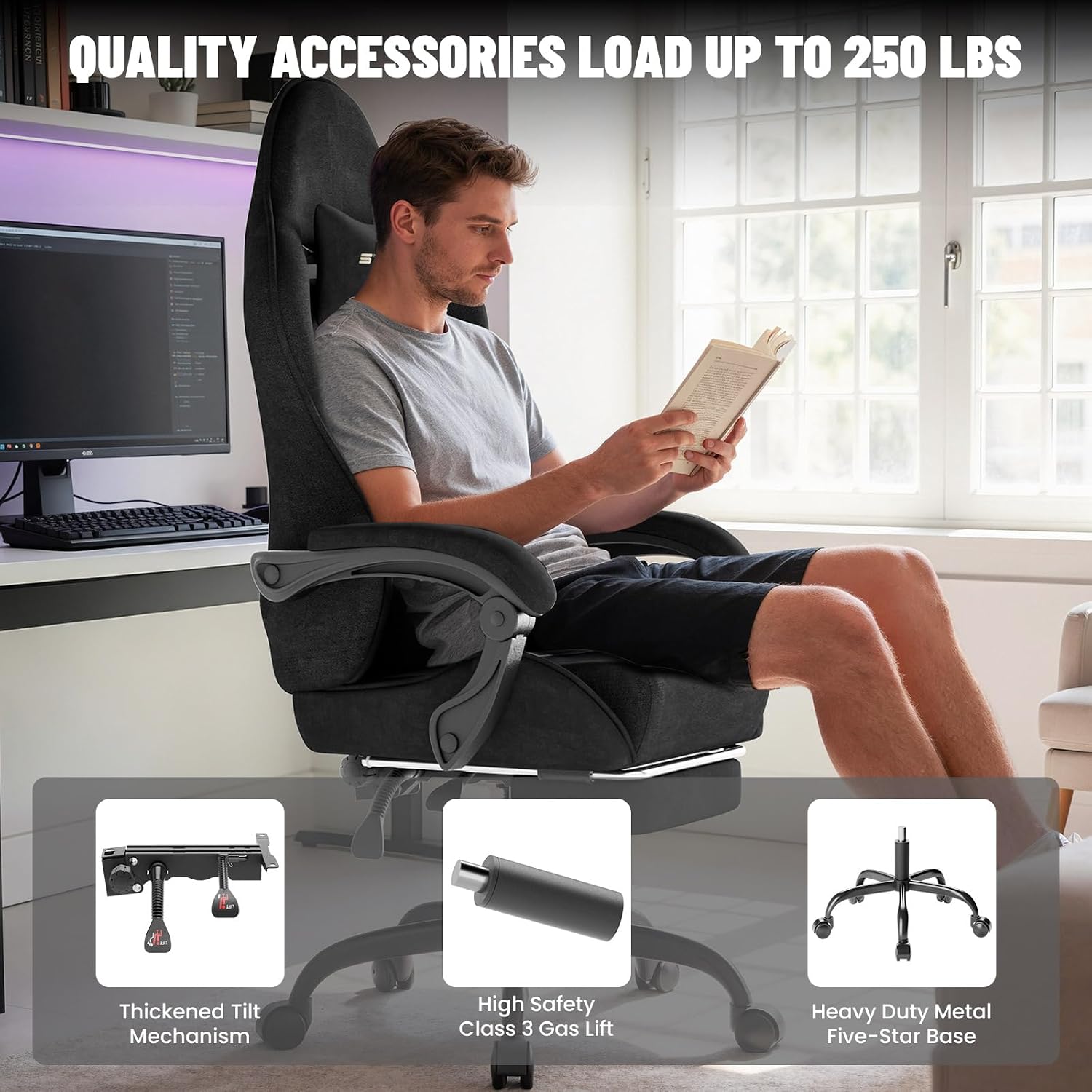 Ferghana Ergonomic Velvet Fabric Gaming Chair with Massage & Footrest, High Back Reclining Racing Computer Chair for Adults, Home Office Gaming Desk Chair, Black