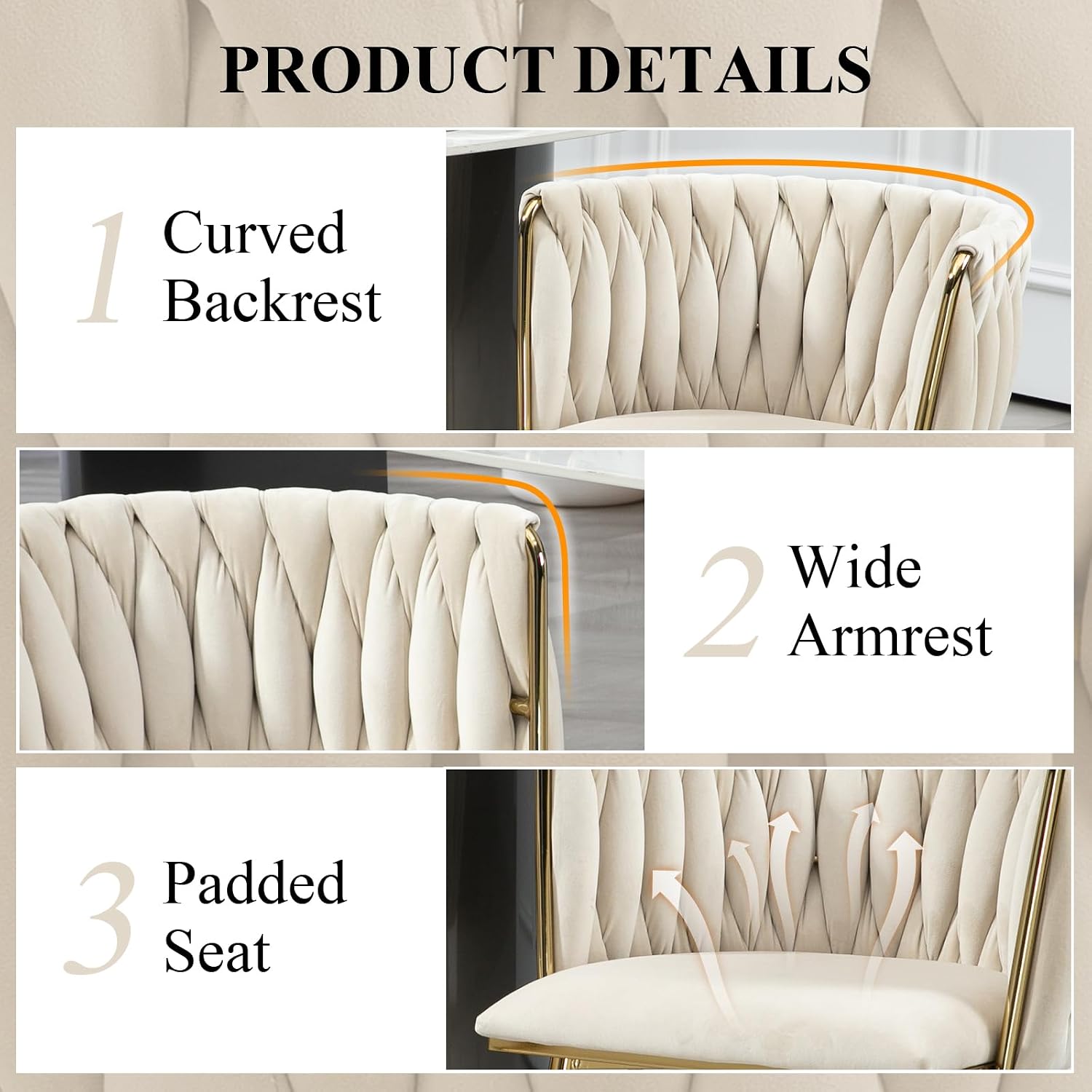 NIOIIKIT Modern Velvet Dining Chairs Hand Weaving Accent Chairs Living Room Chairs Upholstered Side Chair with Golden Metal Legs for Dining Room Kitchen Vanity Living Room (Ivory)