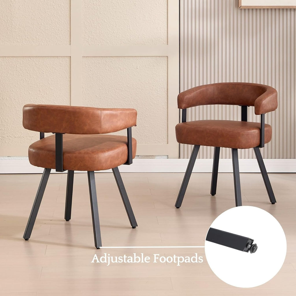 LukeAlon PU Leather Dining Chairs Set of 2, Simple Upholstered Side Chair with Padded Open Barrel Back Modern Guest Chair Home Office Desk Chairs with Black Metal Legs for Kitchen Dining Room, Brown