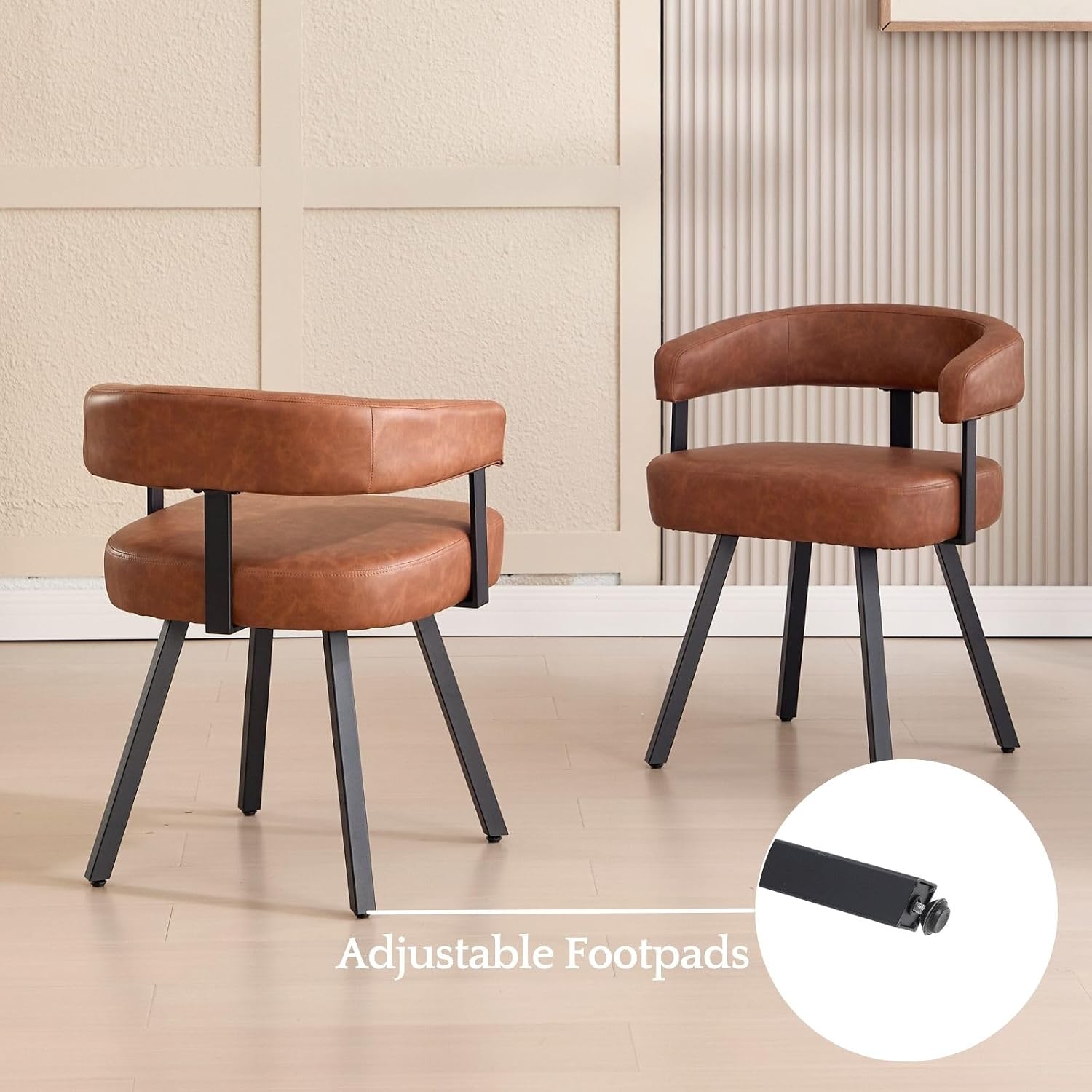 LukeAlon PU Leather Dining Chairs Set of 2, Simple Upholstered Side Chair with Padded Open Barrel Back Modern Guest Chair Home Office Desk Chairs with Black Metal Legs for Kitchen Dining Room, Brown
