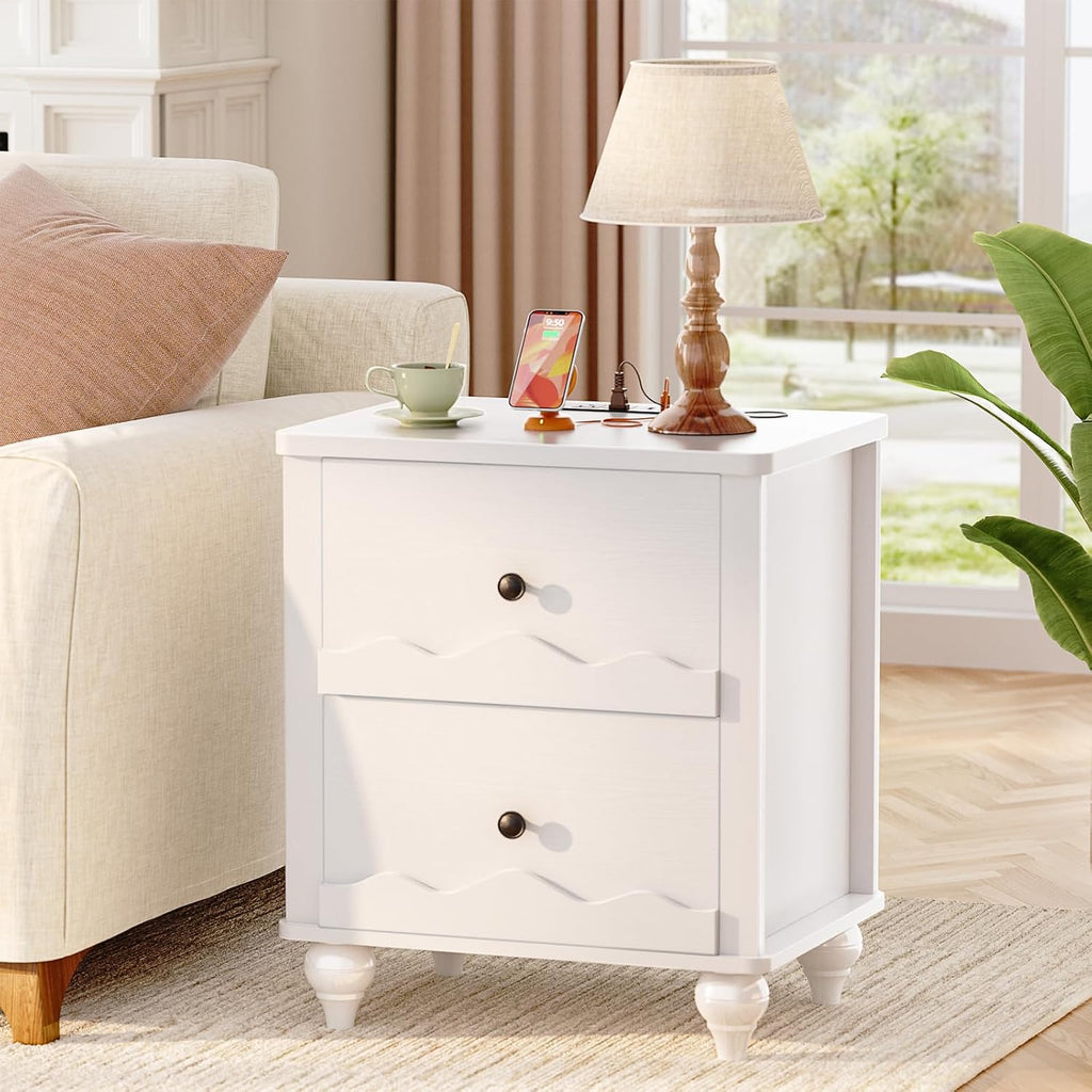 Cyclysio 2 Set End Table with Charging Station, Wood Bedside Table with 2 Drawers, Scalloped Nightstand Set of 2 with Wave Pattern, Bedside Night Tables with Solid Wood Gourd Legs