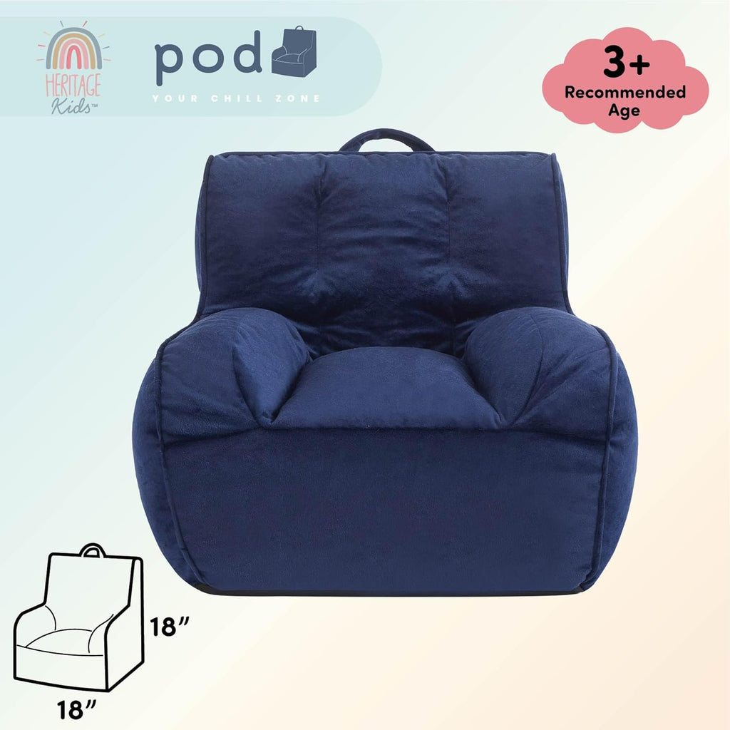 Heritage Kids Pod Square Back Kids Bean Bag Chair, Soft Plush Lounge Seat for Bedroom or Playroom, Navy