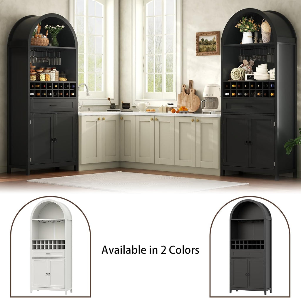 Loomie 75.7" Tall Arched Wine Cabinet, Modern Bar Cabinets with Glass Holders & Wine Rack, Liquor Cabinet for Home, Kitchen Pantry W/Drawer & Shelves, Versatile Cupboard for Dining Room (Black)