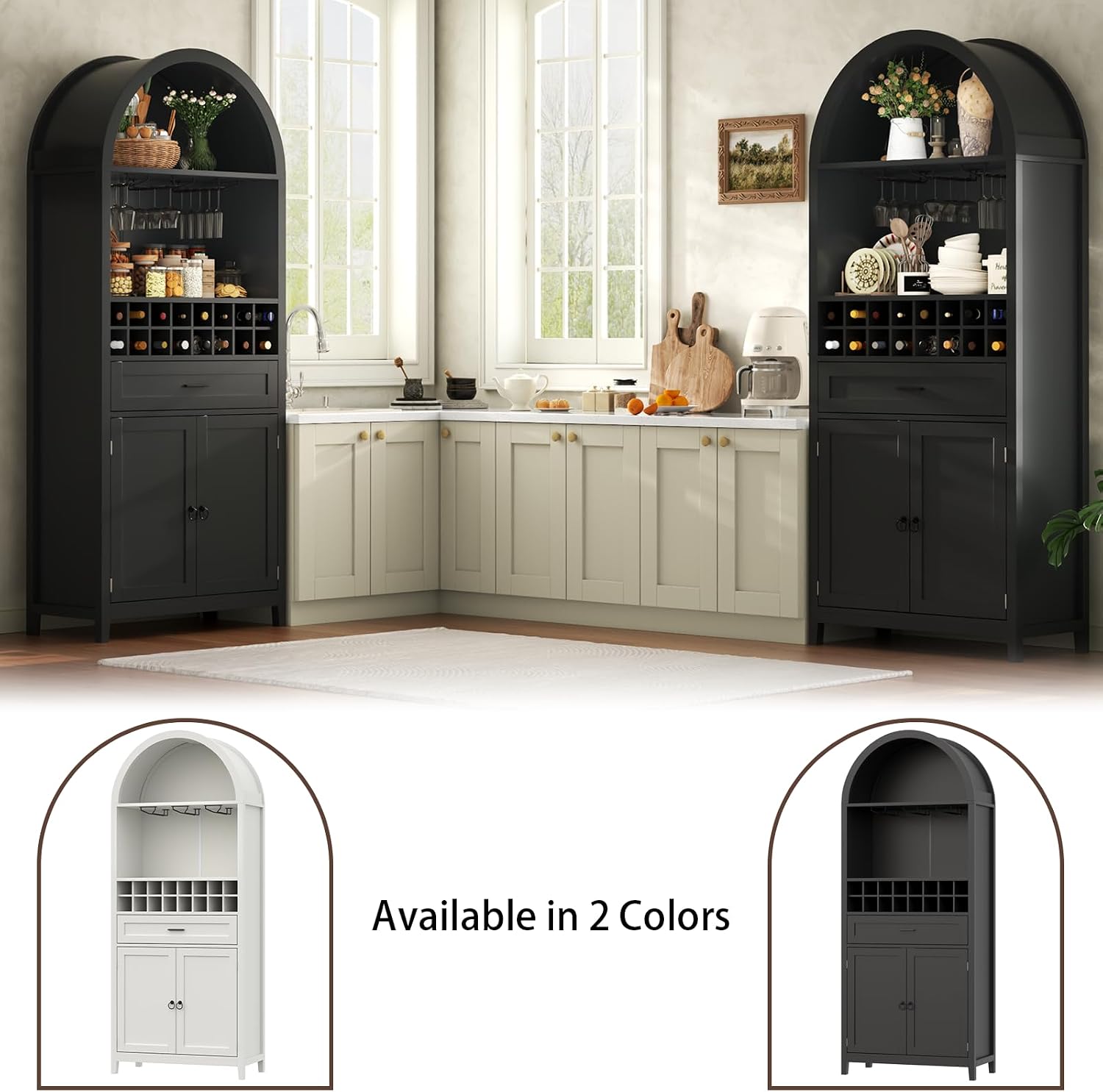 Loomie 75.7" Tall Arched Wine Cabinet, Modern Bar Cabinets with Glass Holders & Wine Rack, Liquor Cabinet for Home, Kitchen Pantry W/Drawer & Shelves, Versatile Cupboard for Dining Room (Black)