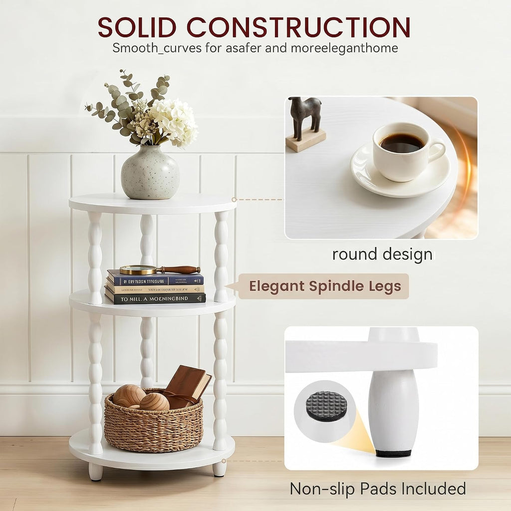 Small Round Side Table, 3-Tier Solid Wood End Table with Storage Shelf, Modern Bedside Tables Night Stand for Living Room, Bedroom, College Dorm, Small Space (White)