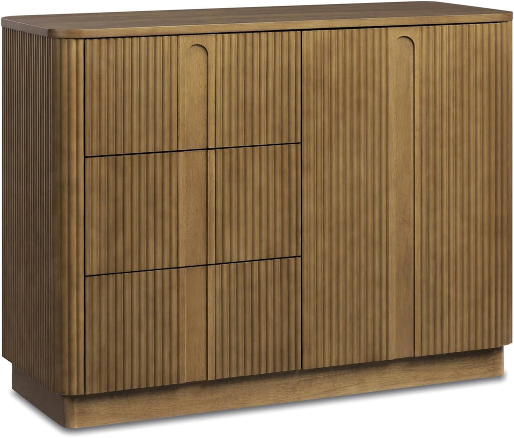 Teamson Home 42'' W Scandinavian Style Sideboard with 3 Drawer 1 Door and Adjustable Shelf, Solid Wood Frame, Push to Open and Acacia Veneer Living Room Storage Furniture in Greige