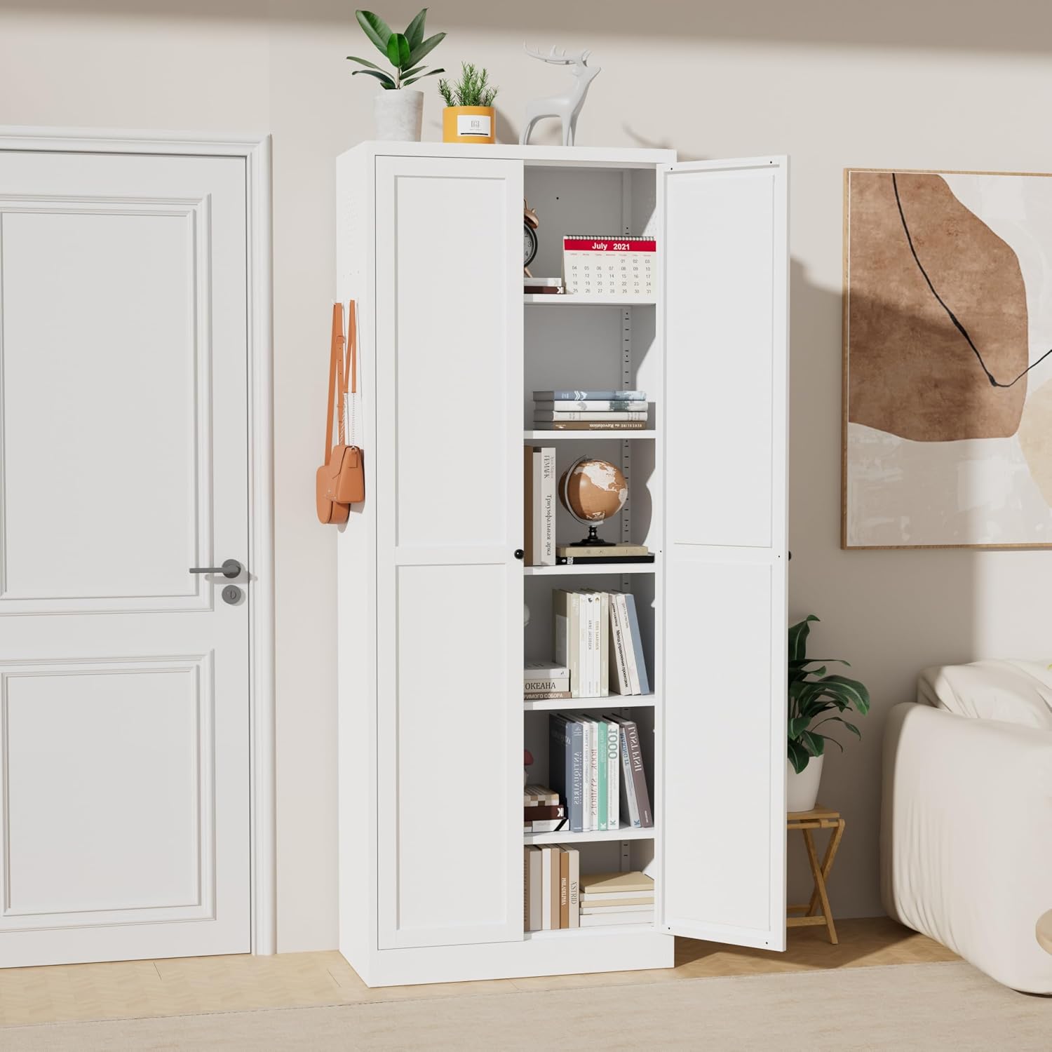 72" White Metal Kitchen Pantry Cabinet with Doors & 5 Adjustable Shelves, Heavy-Duty Freestanding Storage Organizer Utility Cupboard for Pantry, Kitchen, Bathroom