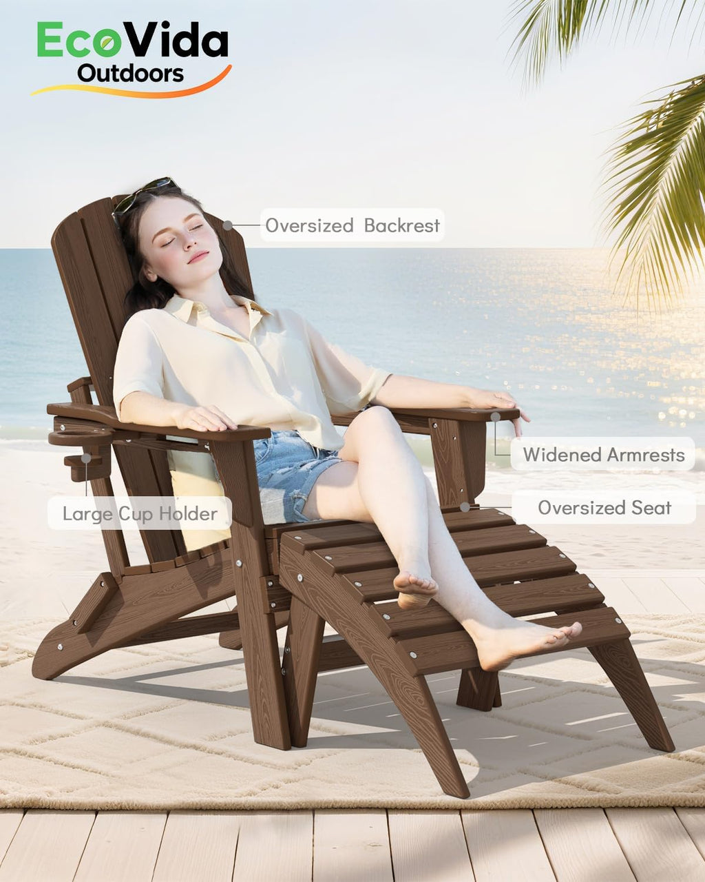 Folding Adirondack Chair 3-Piece Set - 38" Extra Tall Back & Embossed Wood Grain, Oversized HDPE Patio Furniture with Side Table & Cup Holders, 380lb Heavy Duty,Coffee