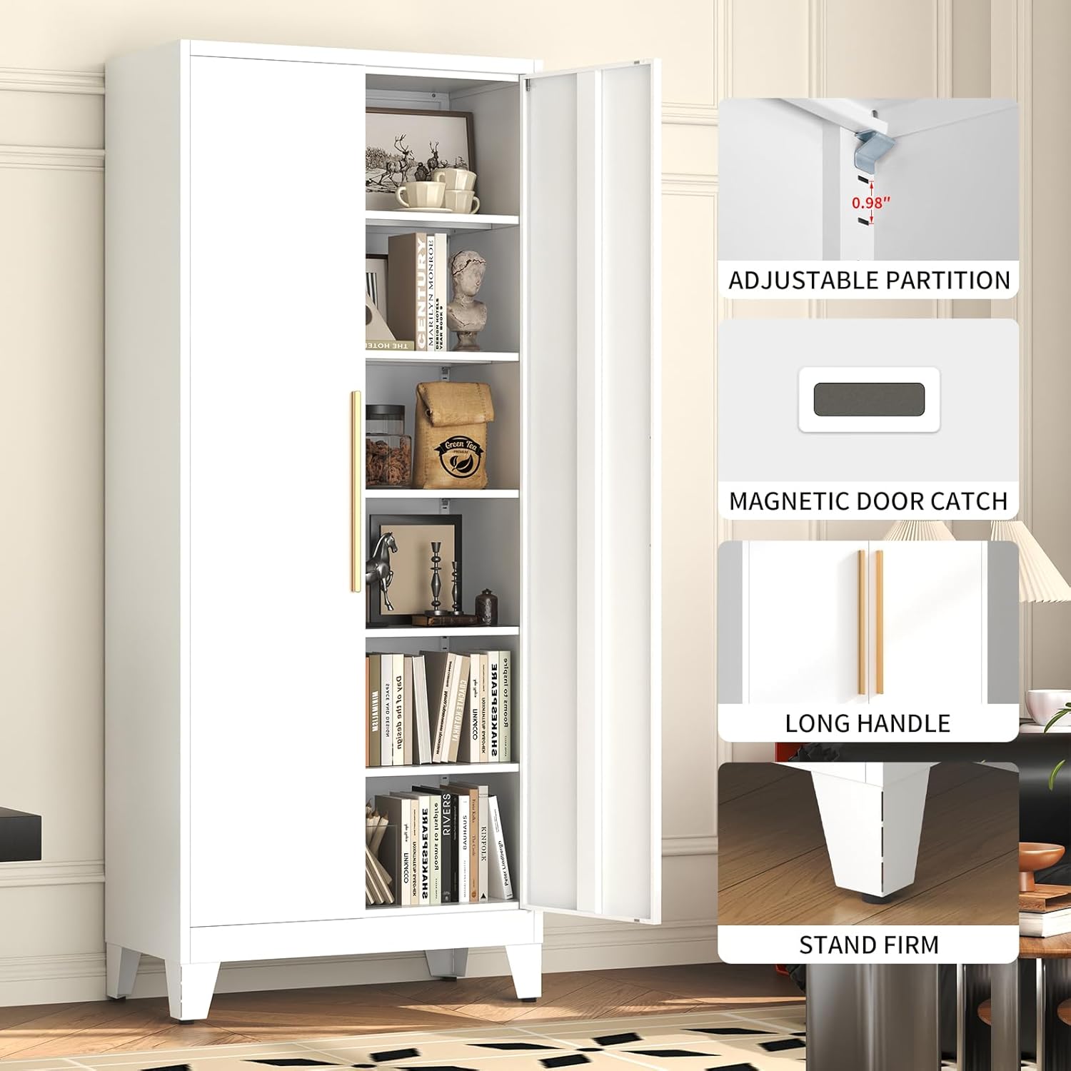 75.3" Tall Metal Kitchen Pantry Storage Cabinet with 5 Adjustable Shelves & 2 Doors, Large Freestanding Organizer Cabinet for Kitchen, Bathroom,Diningroom（White）