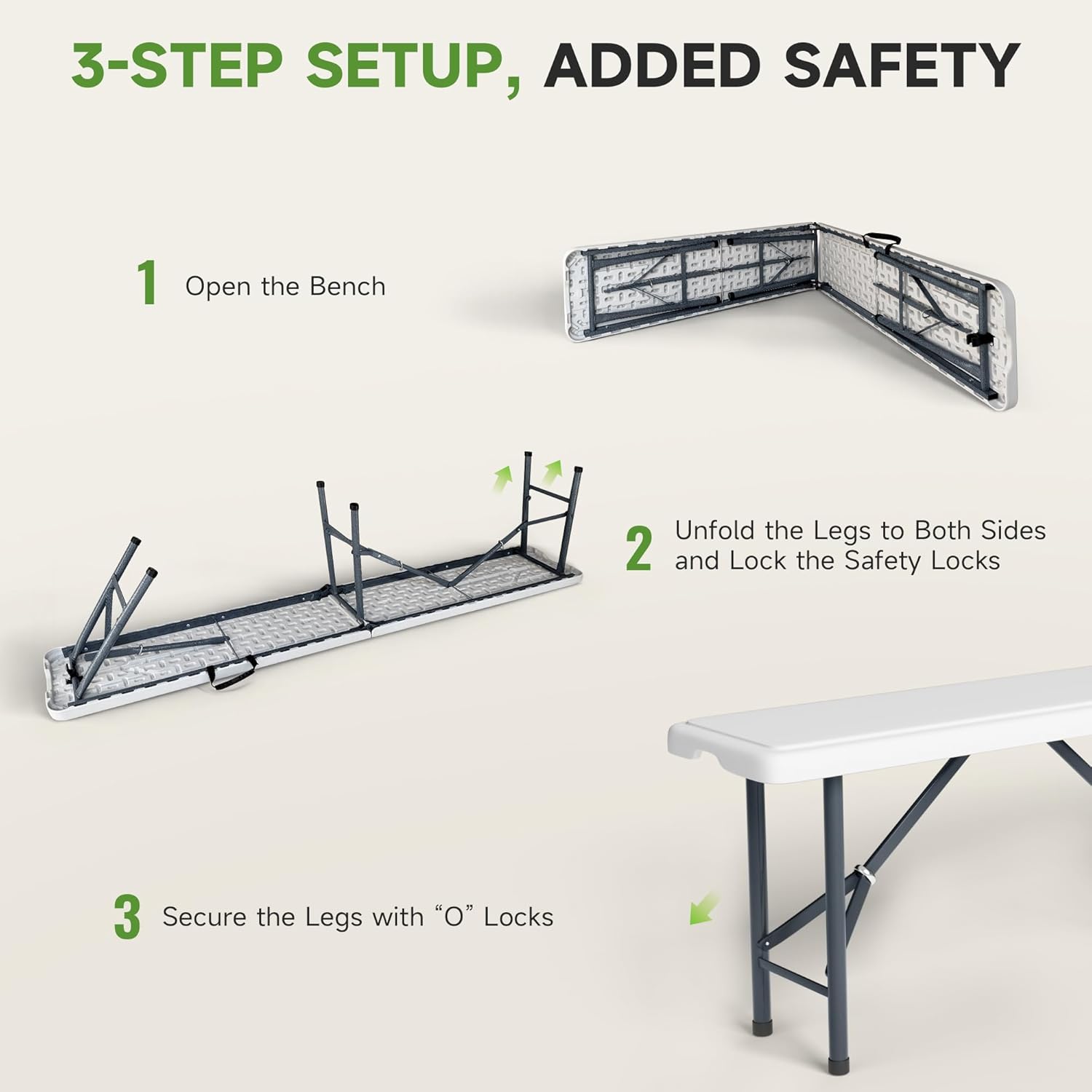 6FT Folding Bench - Heavy Duty 770lbs Capacity, Safety Locking Button & Wider Carrying Handle, Foldable Portable Bench for Outdoor, Picnic, Storage, Camping - White, 2 Pack