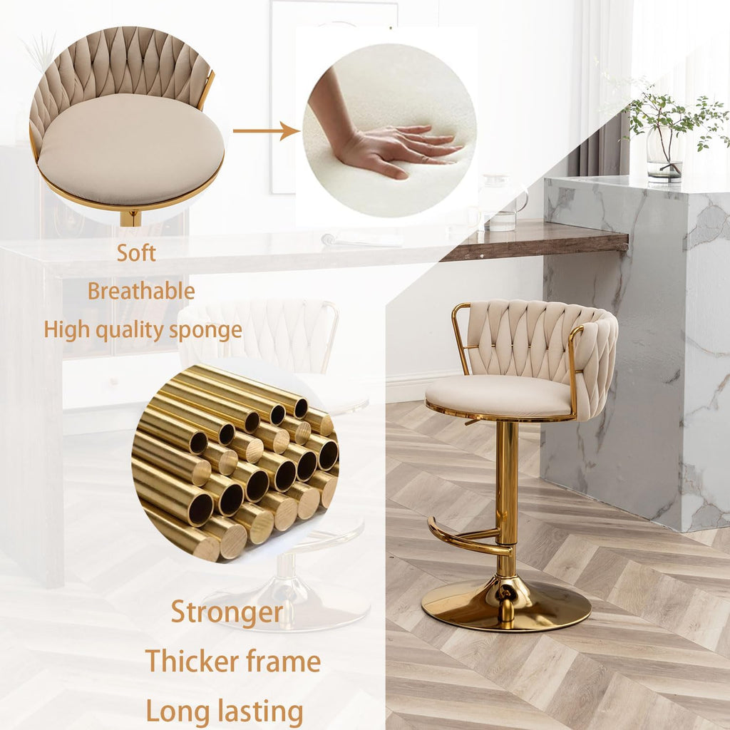 Riknuxi Velvet Bar Stools Set of 3, Counter Height Bar Chairs with Low Back, Gold Swivel Bar Stools for Kitchen Island, Pub (Beige)