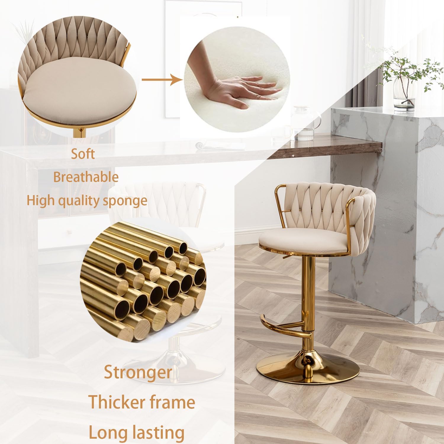 Riknuxi Velvet Bar Stools Set of 3, Counter Height Bar Chairs with Low Back, Gold Swivel Bar Stools for Kitchen Island, Pub (Beige)