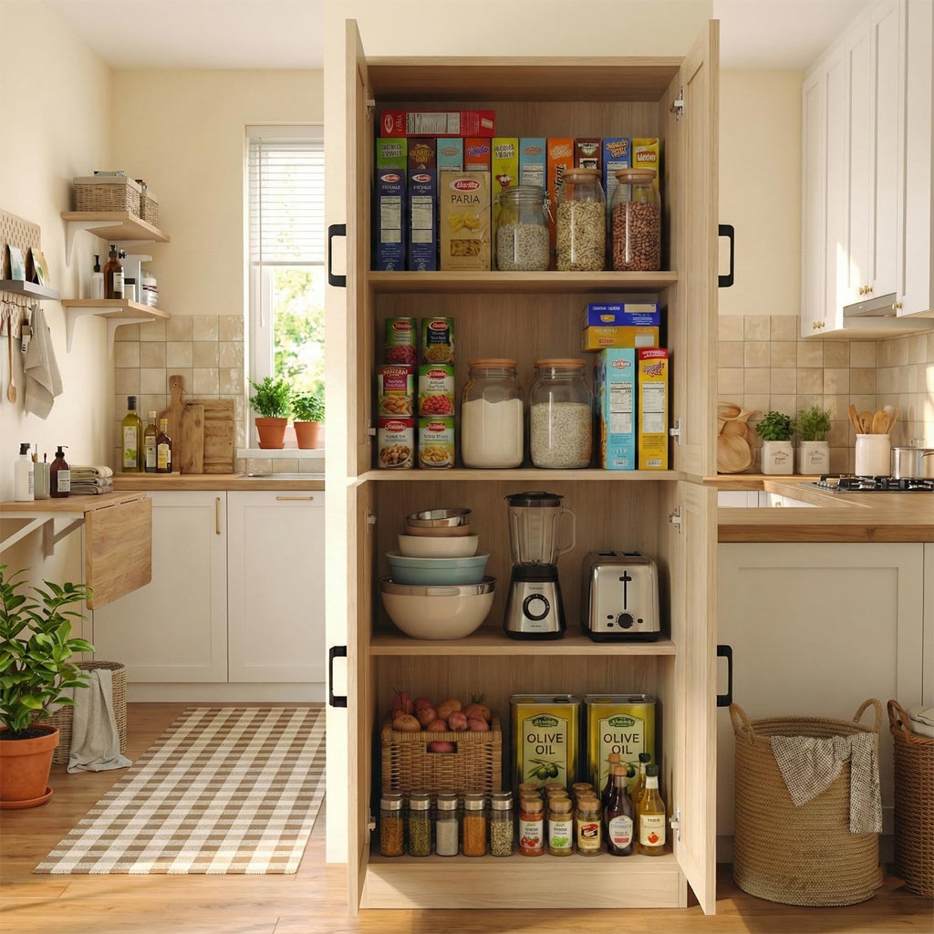 DIYART 71" Tall Kitchen Pantry Cabinet, Freestanding Food Storage Organizer with Doors & Adjustable Shelves, Large Utility Hutch Cupboard for Dining Room, Kitchen & Home Office, Oak