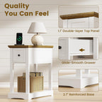 Farmhouse End Table with Storage Drawer, Narrow Side Table with Charging Station, Nightstand, Thicken Base, for Living Room, Bedroom, Rustic Brown and White