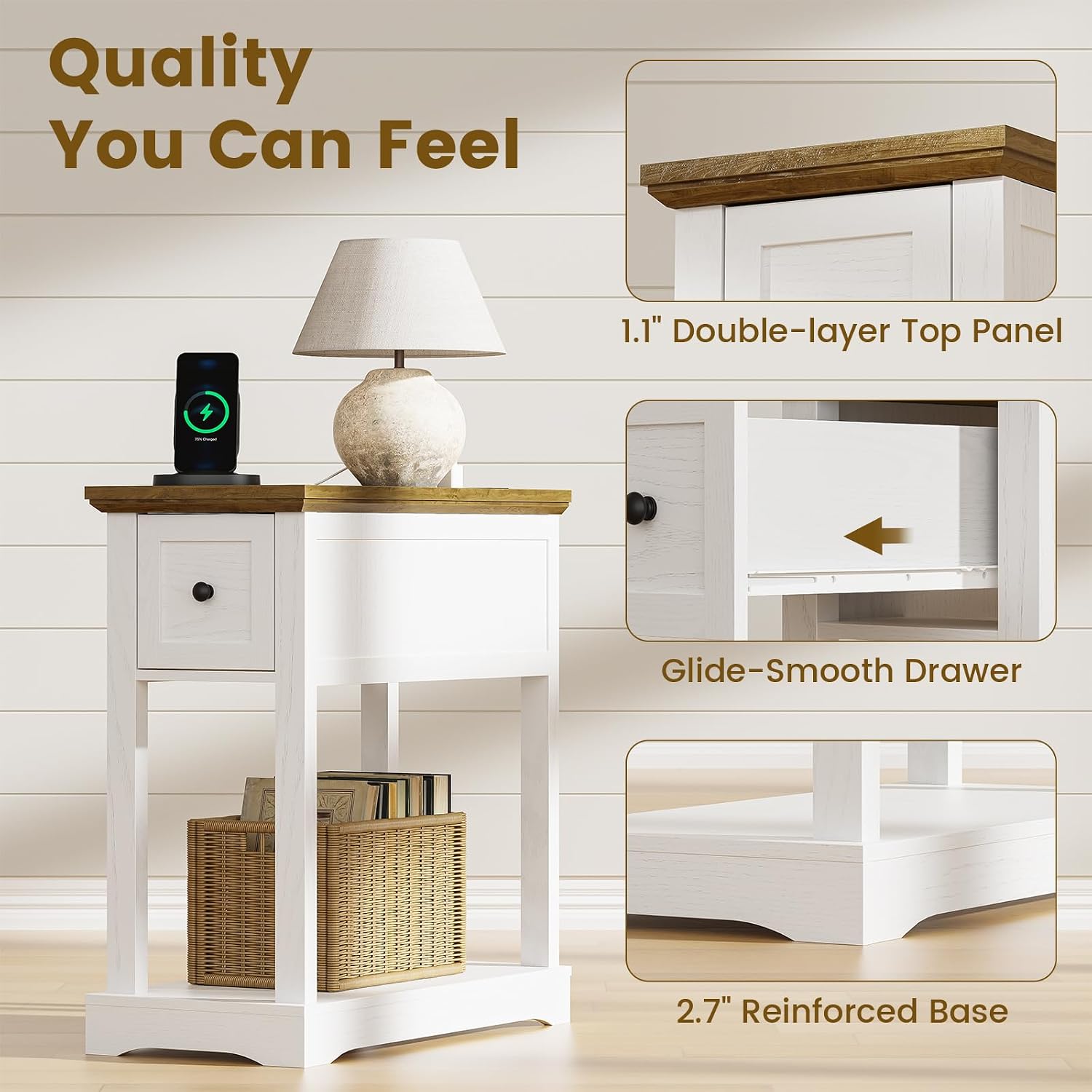Farmhouse End Table with Storage Drawer, Narrow Side Table with Charging Station, Nightstand, Thicken Base, for Living Room, Bedroom, Rustic Brown and White