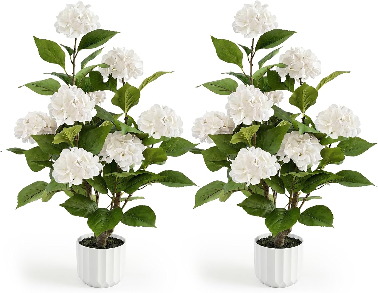 3FT Artificial Hydrangea Tree 2 Pack, Realistic Faux Hydrangea Plants in Pot with White Flowers, Lifelike Faux Greenery Home Indoor Outdoor Front Porch Garden or Wedding, White