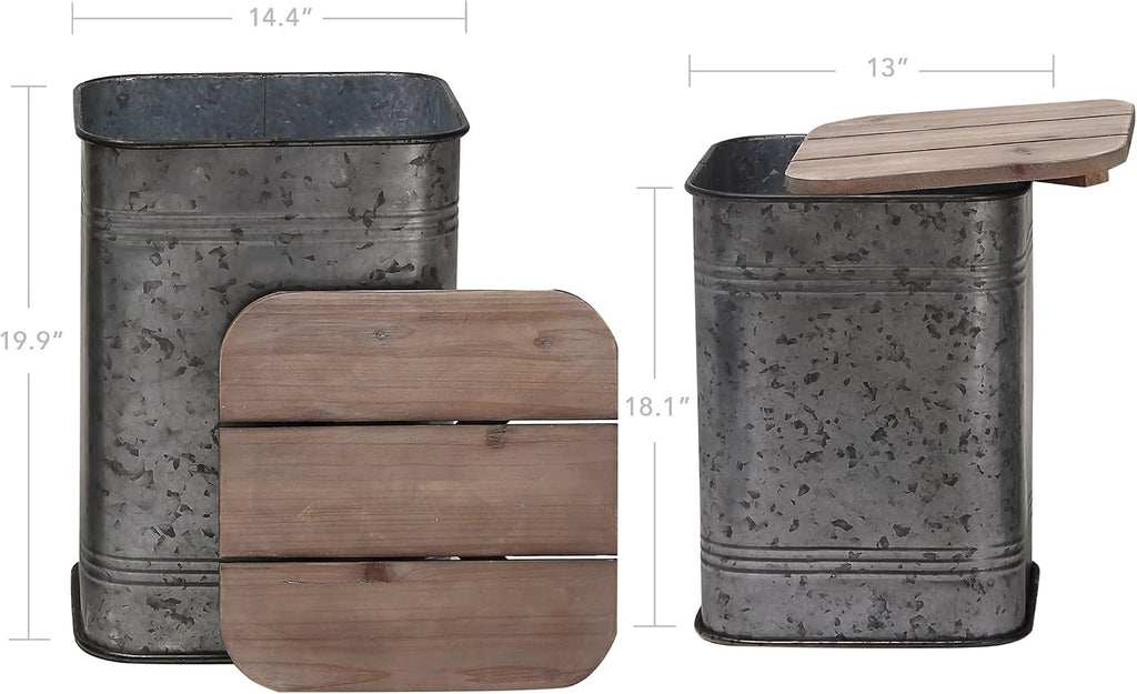 RUSTOWN Farmhouse Accent Side Table, Rustic Storage Ottoman Seat Stool, Galvanized Antique Metal End Table Box Bin with Square Wood Lid, Nesting Pieces Two (Square&Galvanized)