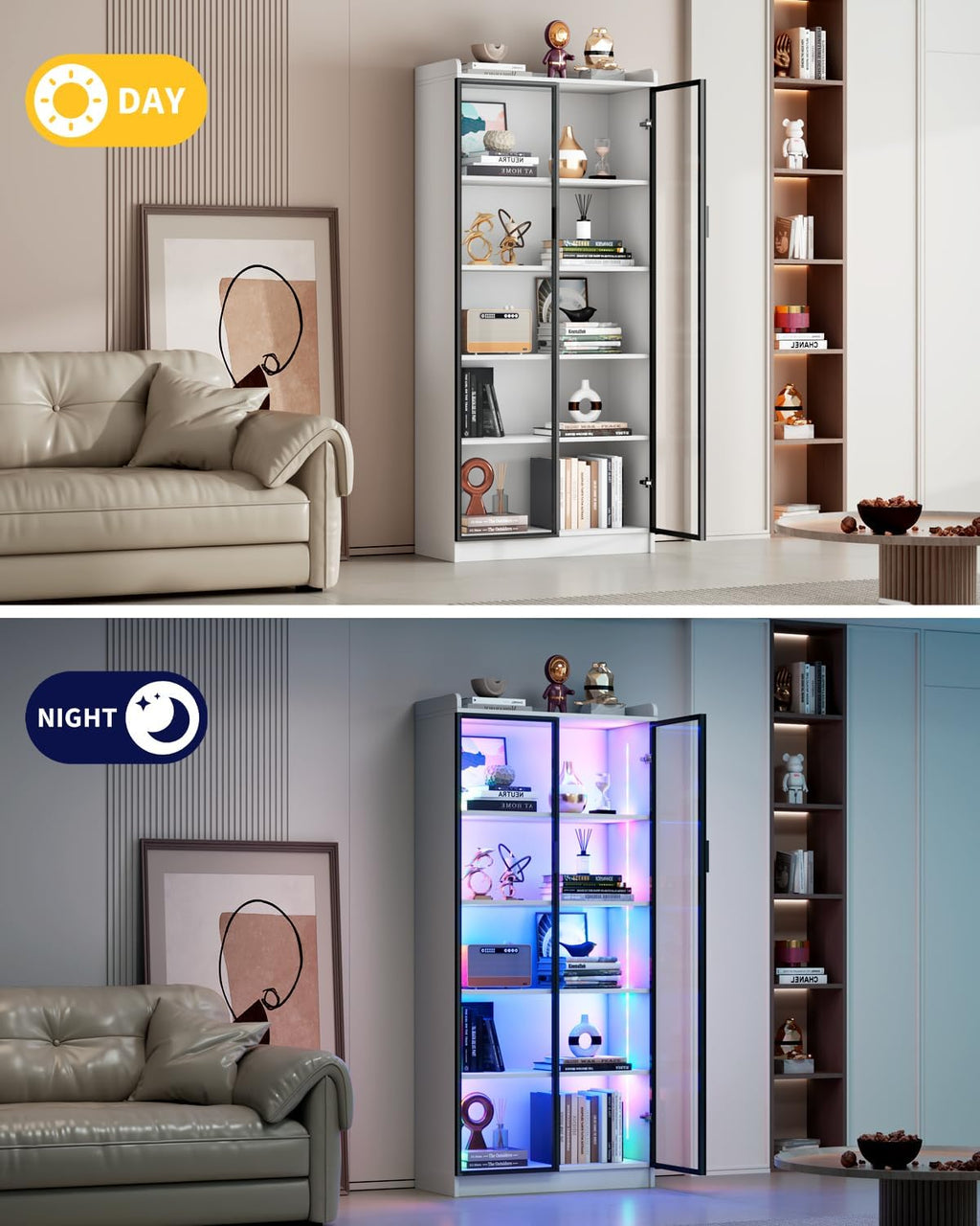 Dystler 65" Display Cabinet with Glass Doors, 5-Tier Curio Cabinet with Motion Sensor RGB Lights, Modern Display Case with Adjustable Shelves for Collectibles, Figures, Books, White