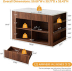 59" Kitchen Island with Storage & Seating for 2, Modern Stationary Kitchen Island with Faux Marble Top, 2 Drawers, Open Shelves & 5 Hooks, Counter Height Prep Table for Dining & Kitchen (Walnut)