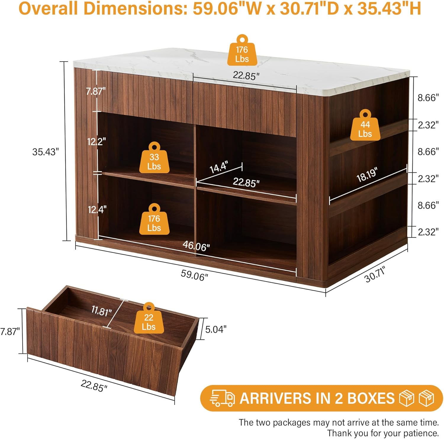 59" Kitchen Island with Storage & Seating for 2, Modern Stationary Kitchen Island with Faux Marble Top, 2 Drawers, Open Shelves & 5 Hooks, Counter Height Prep Table for Dining & Kitchen (Walnut)