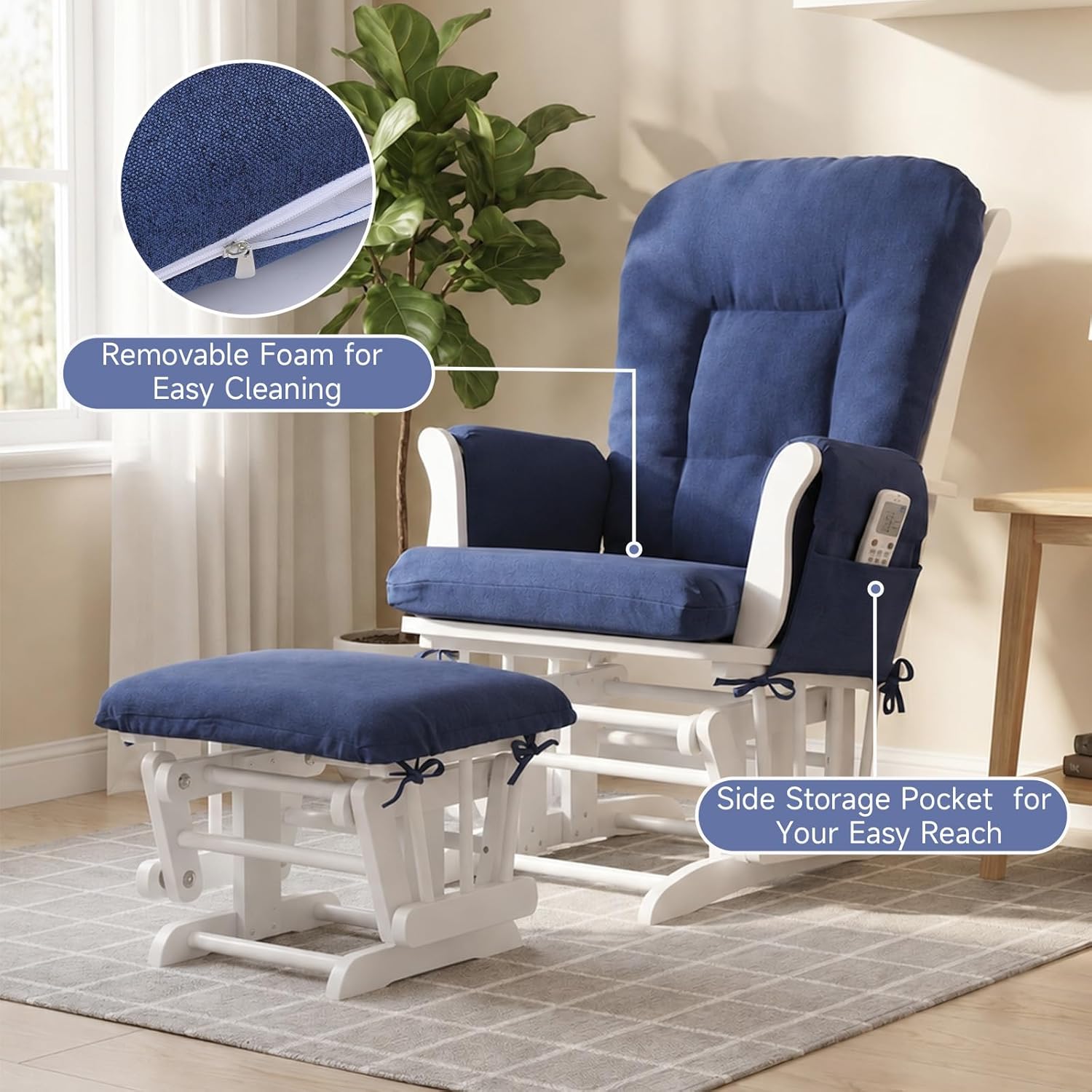 Boshen 5PCS Glider Rocker Replacement Cushions with Ottoman Cover, 3.5" Thick High Back Rocking Chair Cushion Set with Side Pockets for Indoor Nursery Glider Chair, Washable and Non Slip, Blue