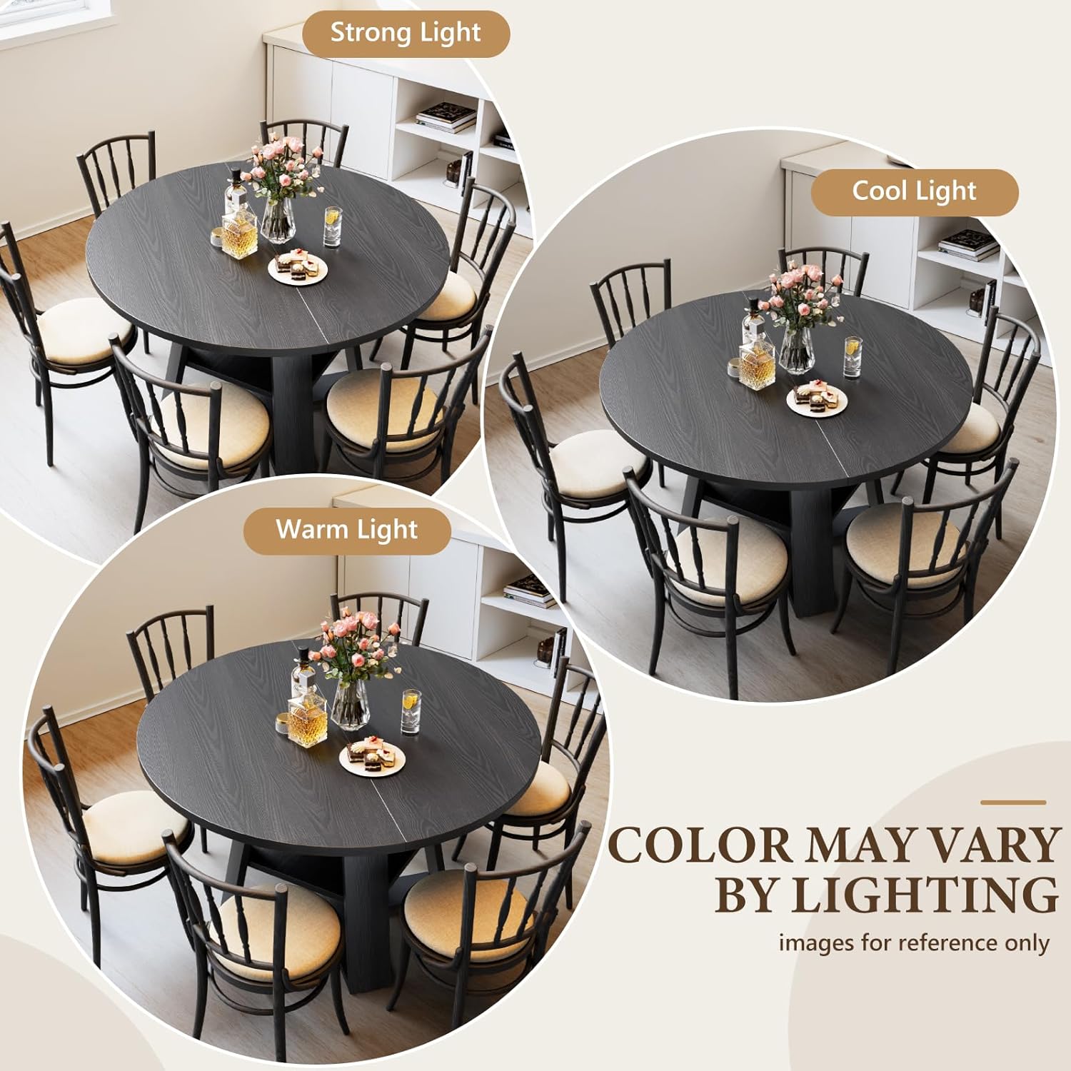 43 inch Round Dining Table for 4-6, Dining Table with Storage Shelf, Wood Grain Top, Sturdy Wood Legs, Space Saving Dinner Tables, Circle Kitchen Tables