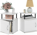 Furinno Jaya Side Table Set of 2, 2-Tier Open Shelf End Table with Door Cabinet, Soft-Edges Night Stand, Bedside Table, for Living Room, Bedroom, White