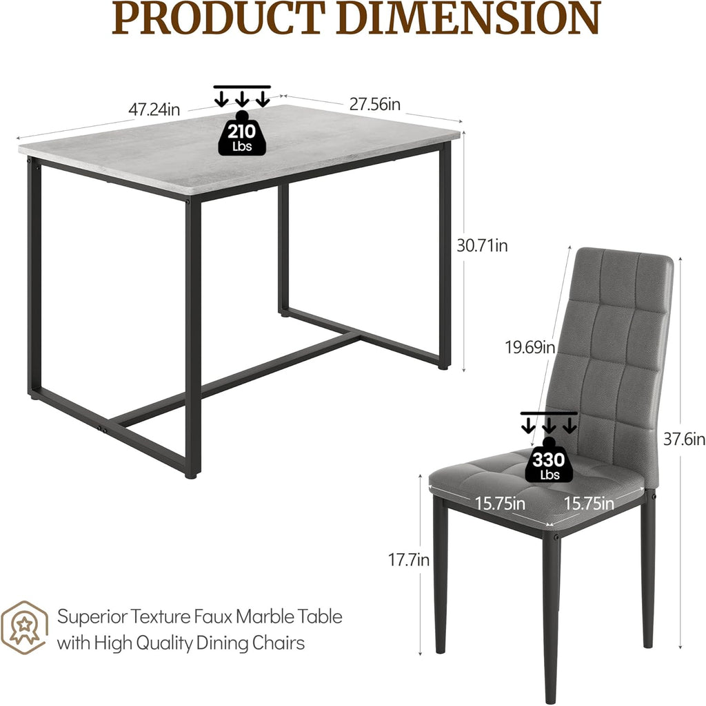 Dining Table Set for 4, PVC Faux Marble Kitchen Table Chairs Set of 4 with Upholstered PU Leather, Easy to Maintain, Sturdy and Scratch-Resistant, Space-Saving Dining Room Set