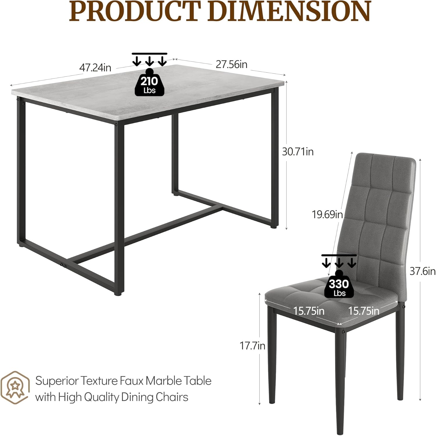 Dining Table Set for 4, PVC Faux Marble Kitchen Table Chairs Set of 4 with Upholstered PU Leather, Easy to Maintain, Sturdy and Scratch-Resistant, Space-Saving Dining Room Set
