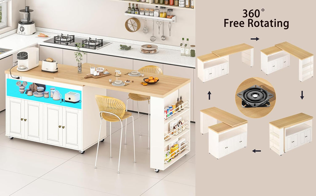 84’’ Rolling Kitchen Island with Swivel Table, Kitchen Cart with LED Lights, Power Outlet, Movable Storage Cabinet with Side Tabletop on Wheels, for Kitchen, Living Room, Home Bar, White