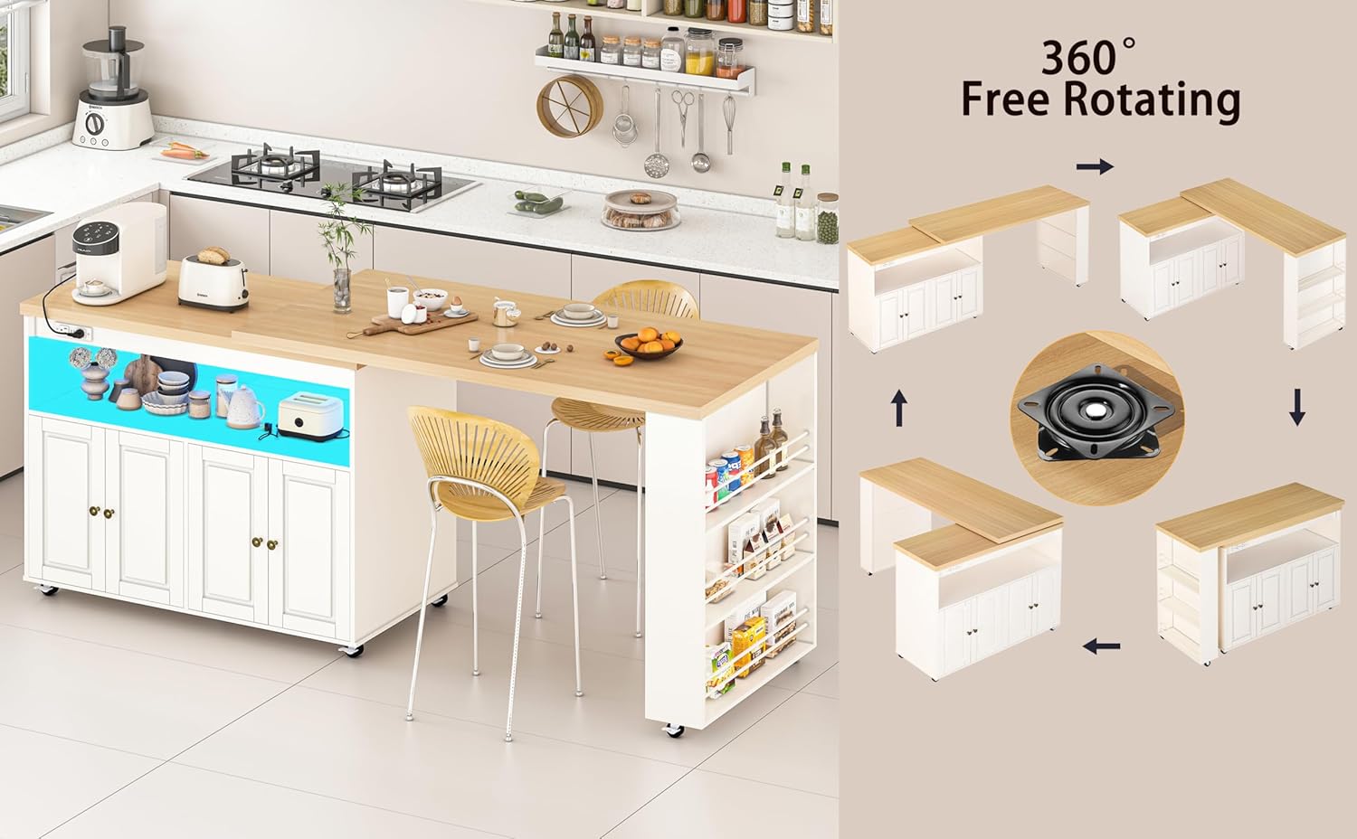 84’’ Rolling Kitchen Island with Swivel Table, Kitchen Cart with LED Lights, Power Outlet, Movable Storage Cabinet with Side Tabletop on Wheels, for Kitchen, Living Room, Home Bar, White