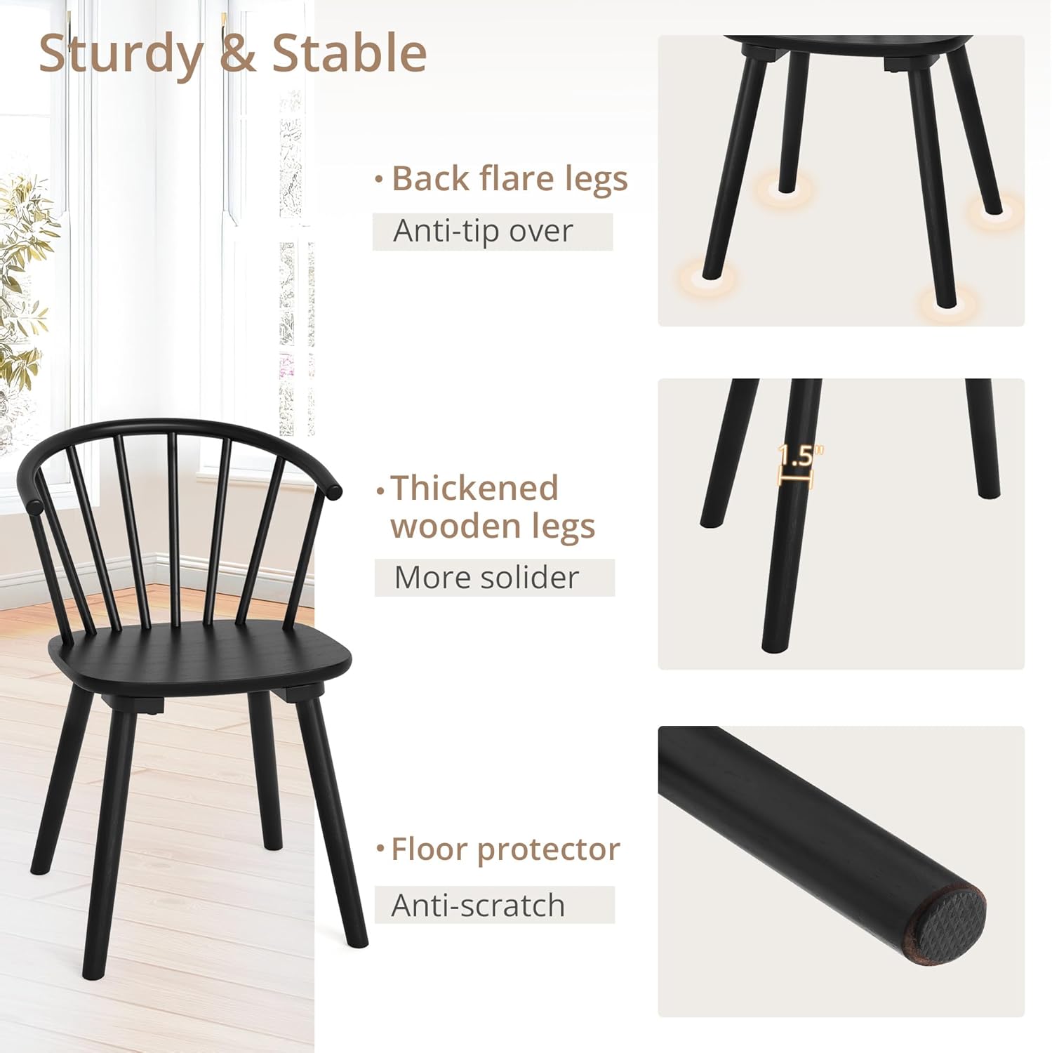 LUE BONA Black Dining Chairs Set of 8, Farmhouse Wood Dining Chairs with Semicircular Backrest, Spindle Dining Chair for Kitchen and Dining Room, 18 Inch