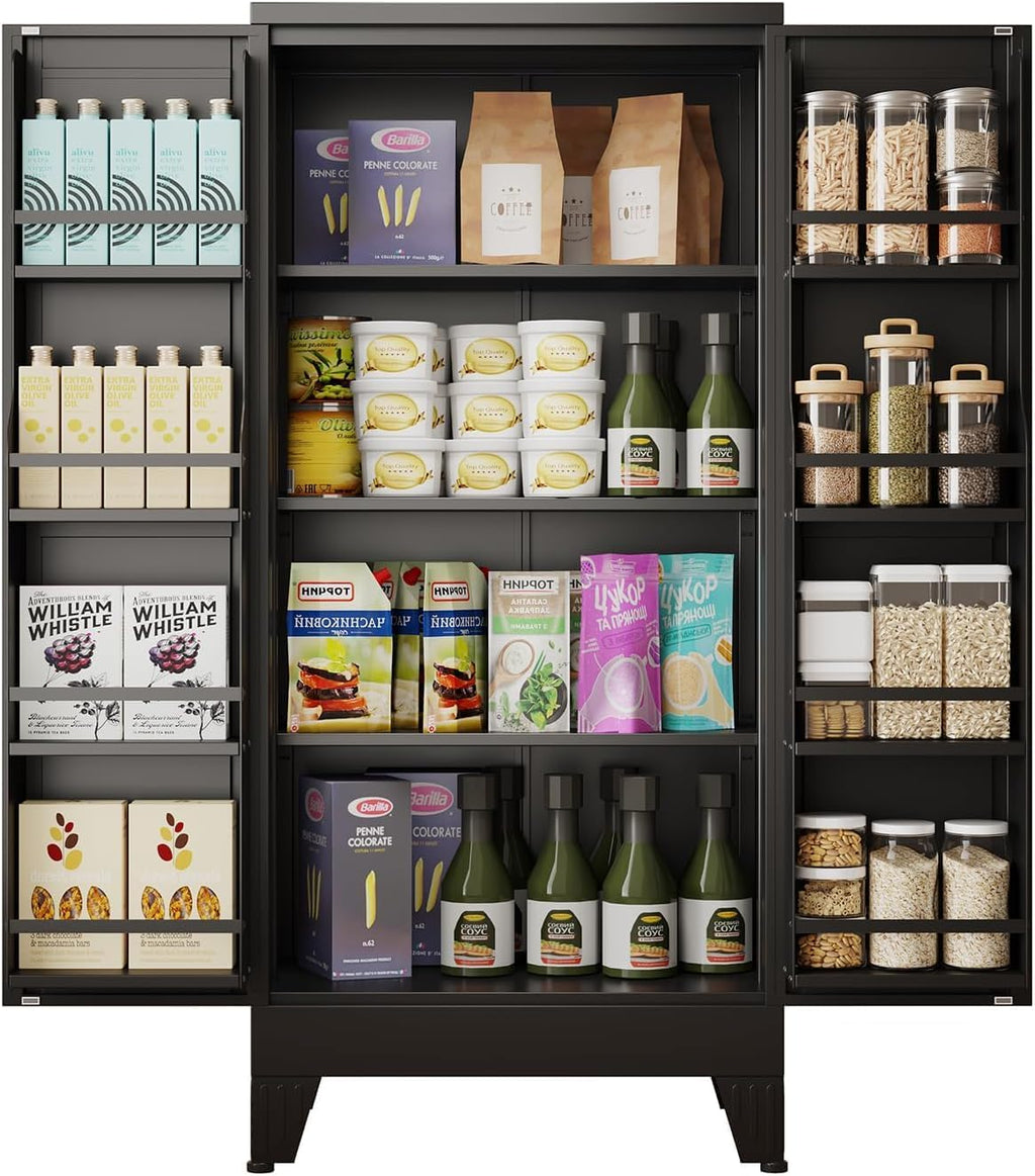 51" H Tall Metal Kitchen Pantry Storage Cabinet, Freestanding Storage Cabinets with Magnetic Doors and Adjustable Shelves, Black Metal Pantry Cabinet for Dining Room and Living Room.