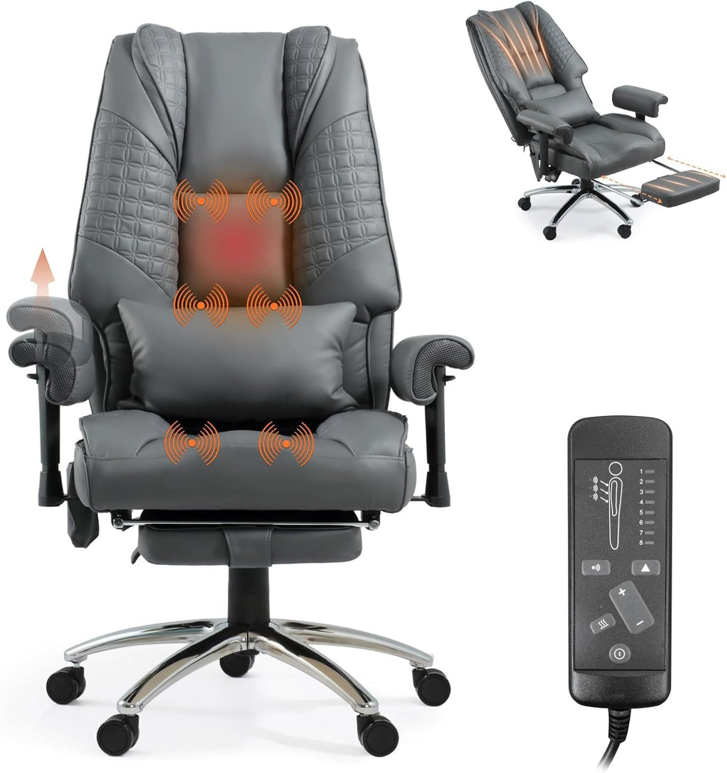 Massage & Heated Office Chair with Foot Rest, Ergonomic Executive Office Chair with Reclining Backrest, Adjustable Arms & Lumbar Support, High Back Leather Desk Chairs for Home Office, Gray