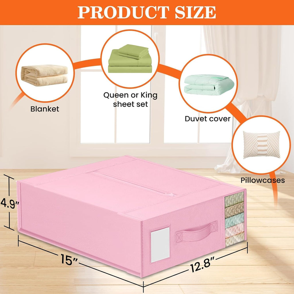 WOWBOX Sheet Organizers and Storage,Closet Bed Sheet Organizer Under Bed Storage and Organization with Label Cards & Clear Window for Bedding Sheets,Duvet Covers,Blankets (6 Pack，Pink)