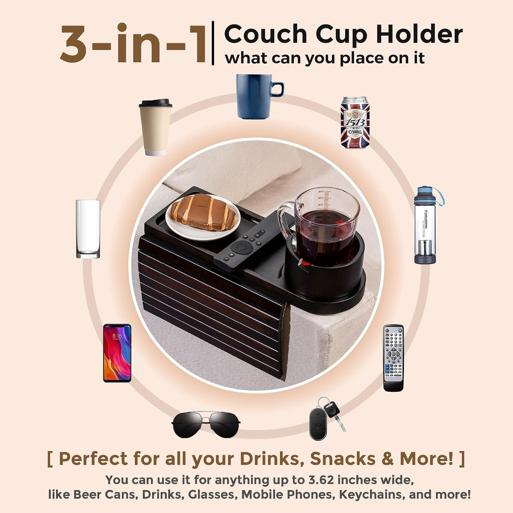 Couch Cup Holder for Armrests Over 4.9" Wide with 360° Phone Stand Black | Couch Arm Tray with 360° Rotating Phone Stand, 3 in 1 Foldable Sofa Arm Tray Table for Remote, Snacks, Phone, Drinks