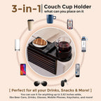 Couch Cup Holder for Armrests Over 4.9" Wide with 360° Phone Stand Black | Couch Arm Tray with 360° Rotating Phone Stand, 3 in 1 Foldable Sofa Arm Tray Table for Remote, Snacks, Phone, Drinks
