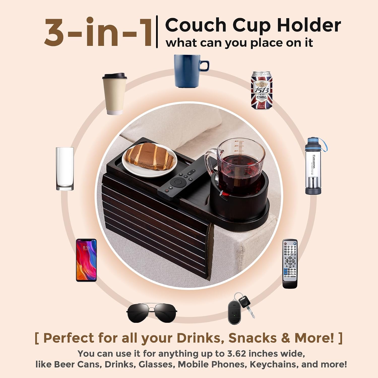 Couch Cup Holder for Armrests Over 4.9" Wide with 360° Phone Stand Black | Couch Arm Tray with 360° Rotating Phone Stand, 3 in 1 Foldable Sofa Arm Tray Table for Remote, Snacks, Phone, Drinks