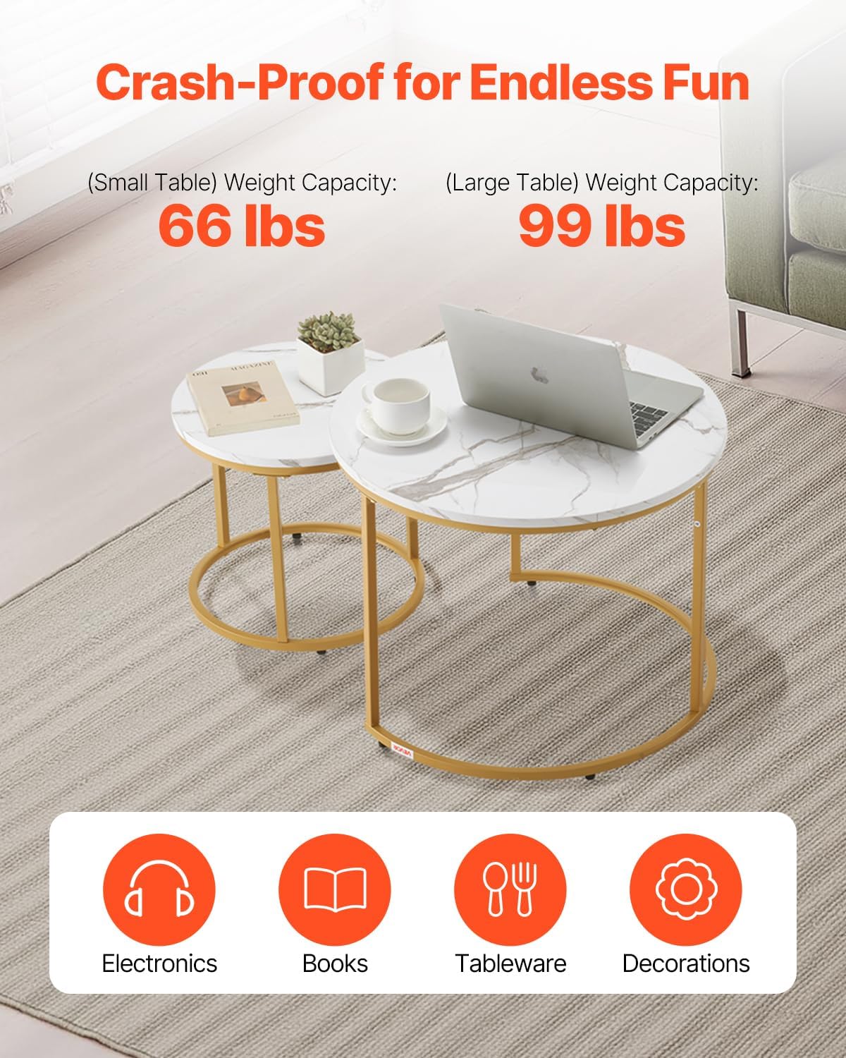 VEVOR Nesting Coffee Table Set of 2, 23.6 in Round Coffee Table, Nesting Tables for Small Place, Vintage End Side Tables Night Stand with Metal Frame, for Living Room, Bedroom, Office (White & Gold)