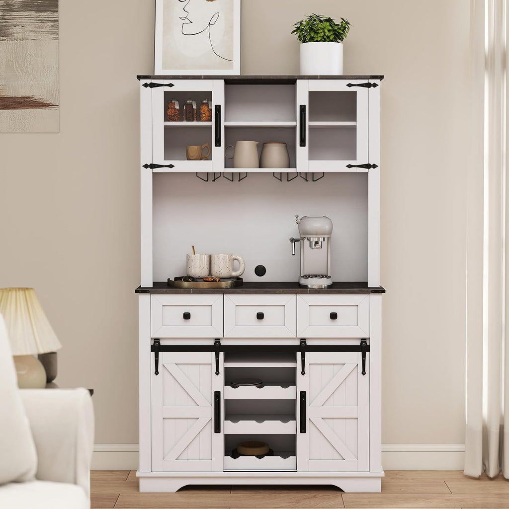 Coffee Bar Cabinet with Sliding Barn Doors 71'' Farmhouse Pantry Cabinet with Drawers & Wine Glass Rack Rustic Buffet Cabinet for Kitchen, White and Black