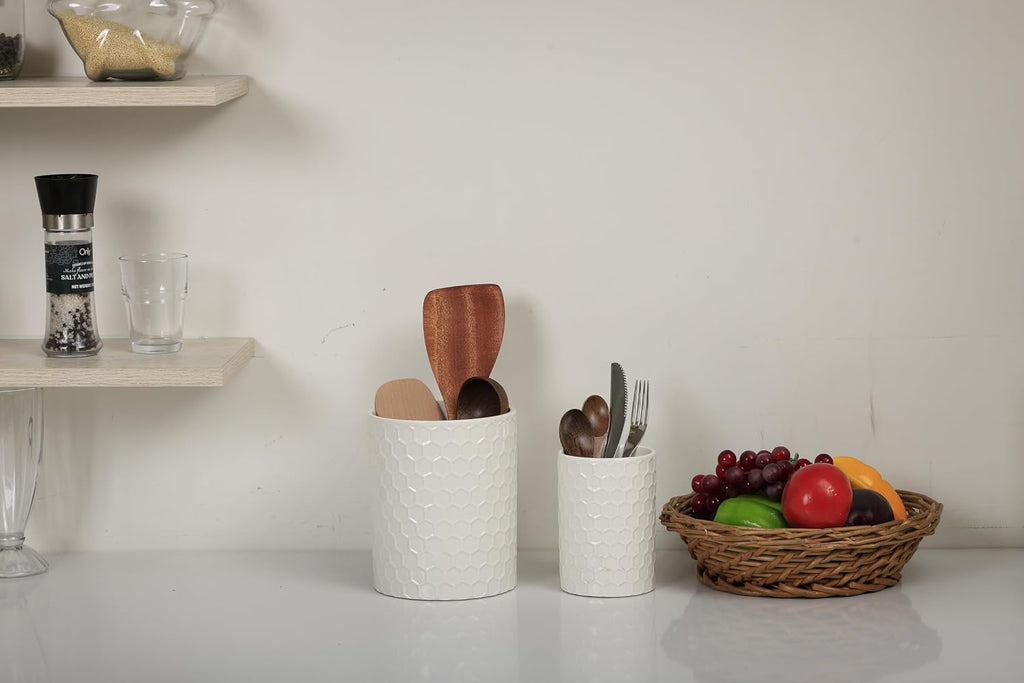 Docrin Ceramic Kitchen Utensil Holder 2 Pack - 6.8"+5.1" Inch Countertop Storage Organizer, Non-Slip Base, Easy to Clean, Elegant White Ceramic Utensil Crocks for Spatulas, Spoons, Cooking Gadgets