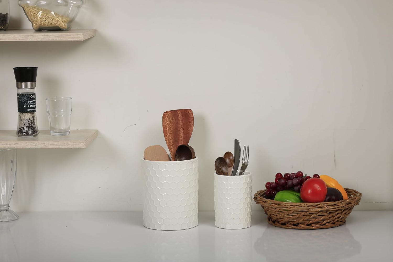 Docrin Ceramic Kitchen Utensil Holder 2 Pack - 6.8"+5.1" Inch Countertop Storage Organizer, Non-Slip Base, Easy to Clean, Elegant White Ceramic Utensil Crocks for Spatulas, Spoons, Cooking Gadgets